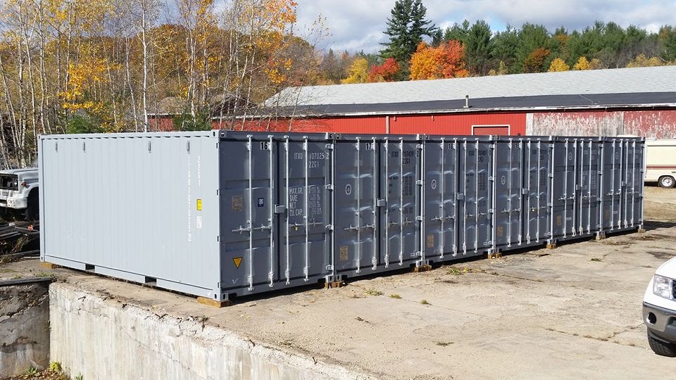 An empty storage container with its doors open
